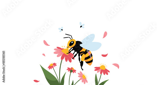 A cheerful cartoon bee pollinates a vibrant pink flower, surrounded by a joyful field of colorful blossoms and delicate falling petals.
