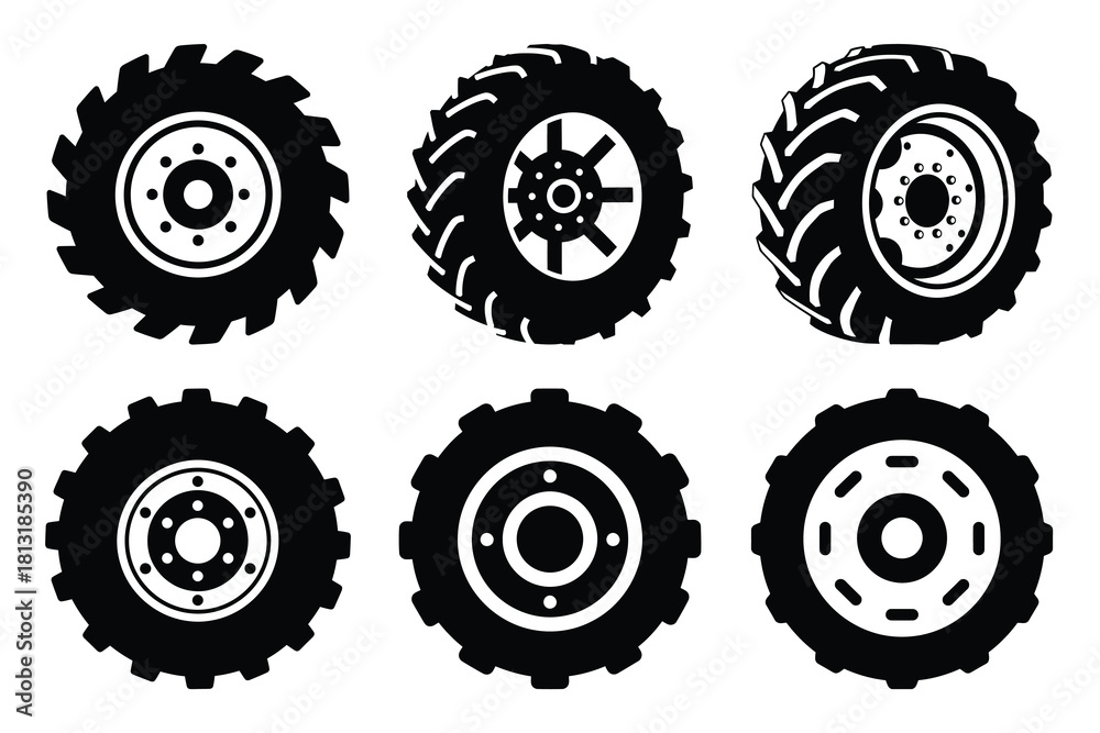 Obraz premium simple farm tractor wheel symbol silhouette icon set. Agriculture, farming silhouette icons