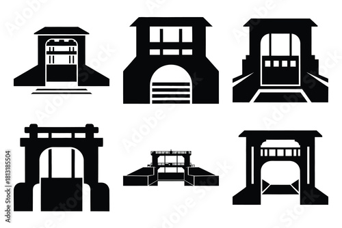 simple farm  water canal gate symbol silhouette icon set. Agriculture, farming silhouette icons