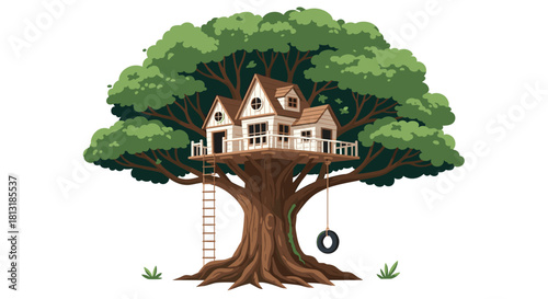 Detailed illustration of a charming multi-level treehouse with a balcony, ladder, and tire swing, set in a vibrant green tree.