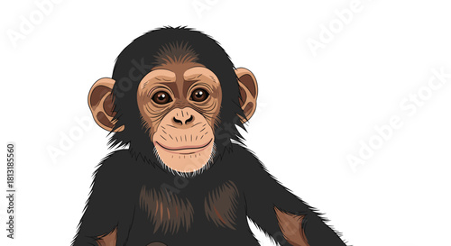 A charming and inquisitive baby chimpanzee illustration with soft fur and big eyes, isolated on a white background, capturing its innocent expression.