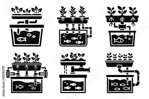 simple farm  aquaponic system symbol silhouette icon set. Agriculture, farming silhouette icons