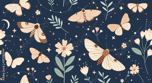 Whimsical seamless pattern with graceful moths, butterflies, celestial elements, delicate flowers, and leaves on a deep blue background.
