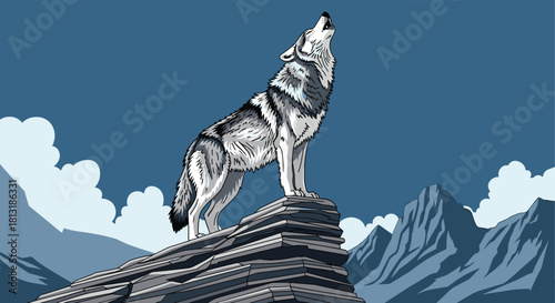 A majestic pixel art wolf howls mournfully from a rocky mountain peak against a backdrop of blue sky and distant snowy mountains.