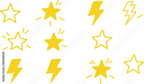 Yellow lightning bolt icons, glowing star symbols, electric energy design, thunder flash graphics, electricity vector illustration, storm power elements, dynamic seasonal decoration