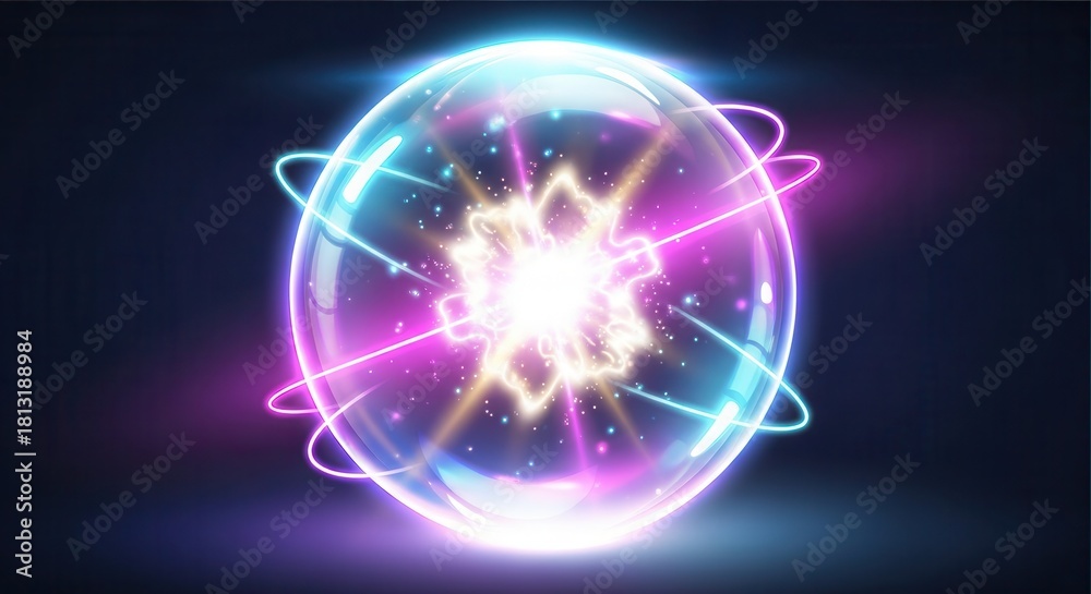Fototapeta premium Illuminated sphere containing vibrant internal energy discharge and orbiting light trails