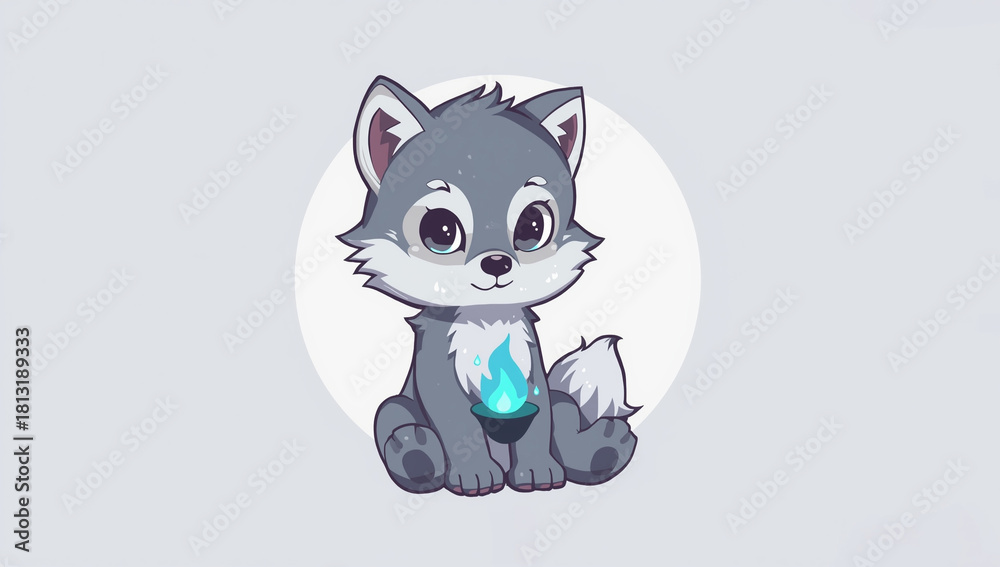 Fototapeta premium Cute Cartoon Wolf Cub with Magic Flame