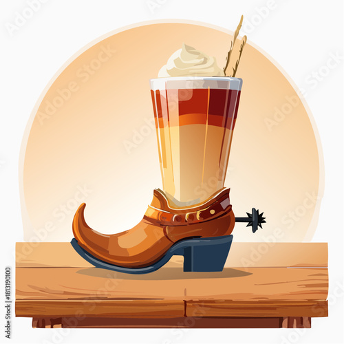 Creative Dessert Served in a Cowboy Boot with Whipped Cream and Stir Sticks on a Wooden Surface with Warm Backlighting