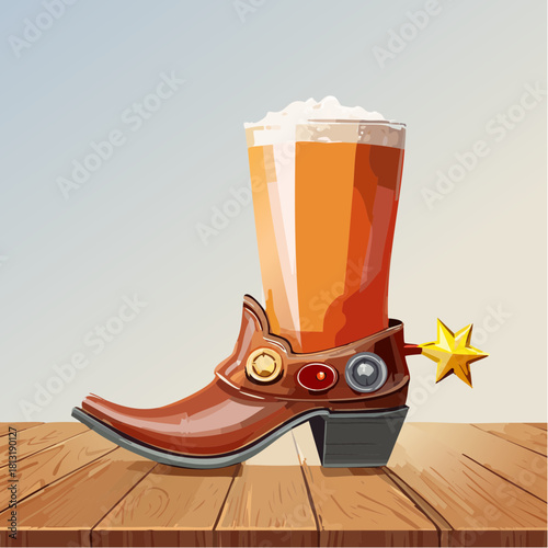 Brown Leather Cowboy Boot Filled with Golden Beer and Frothy Head Accented with a Golden Star Spur Against a Soft Gray Background on a Wooden Surface