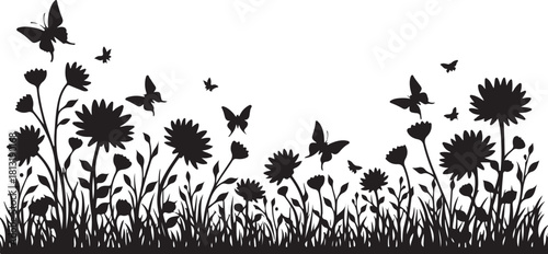Black silhouette of flowers and butterflies in a meadow