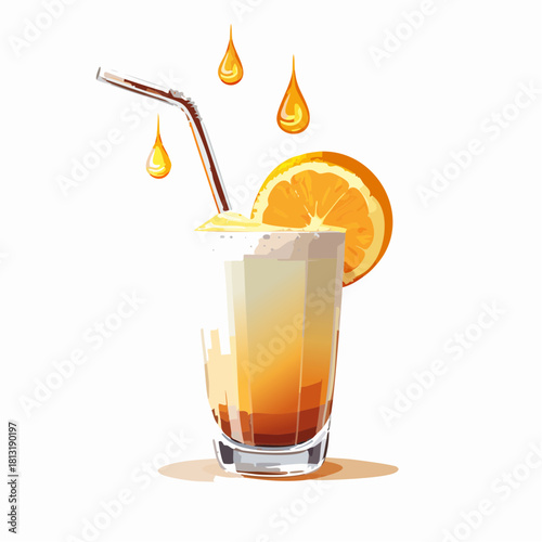 Refreshing Orange Juice Cocktail in a Tall Glass Garnished with a Citrus Slice and Orange Drops Falling Against a White Background