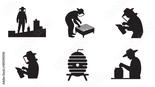 Set of beekeeper icons simple flat vector glyphs showing beekeeping activities isolated on white background