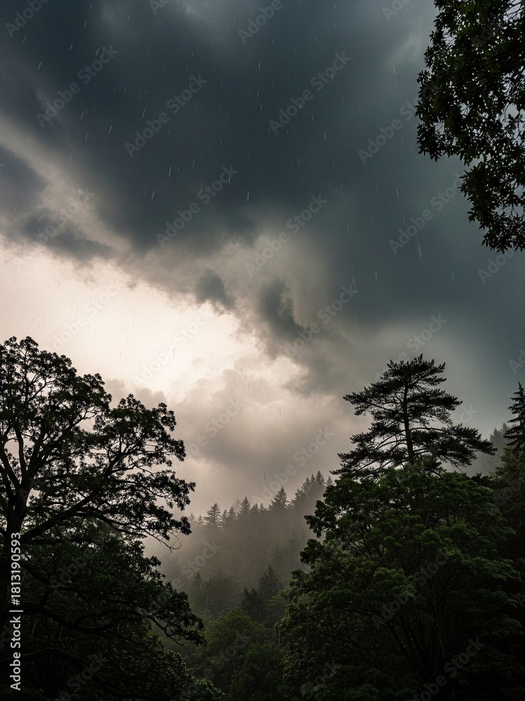 Fototapeta premium Dark clouds on sky in the misty covering deep jungle