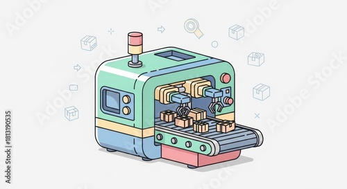 Automated packaging system utilizes robotic arms to manage small parcel delivery containers on a moving line