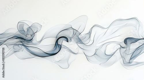 A wispy, translucent wave of dark blue and grey smoke or fabric flows horizontally across a clean white background.