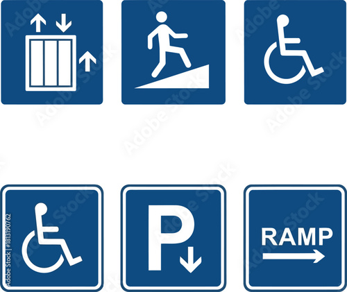 Accessible icons set elevator ramp wheelchair parking signage symbols for universal design vector