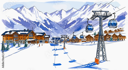 Watercolor Illustration of a Ski Resort Scene with Gondolas and Snowy Mountains