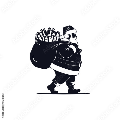 Silhouette of Santa Claus carrying a large sack full of gifts over his shoulder.