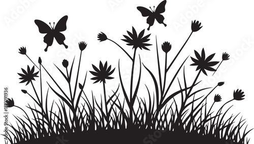 Black silhouette of grass flowers and butterflies meadow