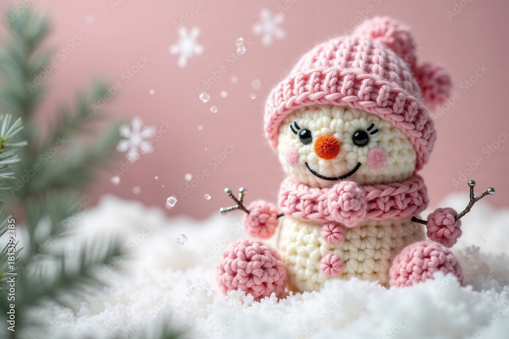 Fototapeta premium Amigurumi Winter Wonderland: Cute Pink and White Crochet Snowman in the Snow