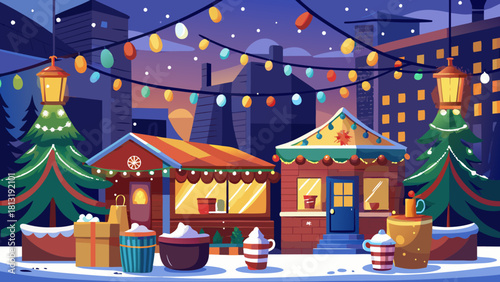 Festive street scene with decorated Christmas market, colorful lights, snow-covered trees, and cozy atmosphere creating a joyful holiday spirit in a vibrant urban setting