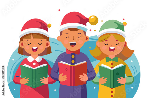 Flat vector illustration of cheerful Christmas carolers singing joyfully, wearing festive hats, holding songbooks, surrounded by a wintery background with snowflakes and holiday spirit