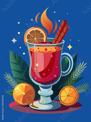 Festive mulled wine in a glass, garnished with orange slice and cinnamon sticks, surrounded by citrus fruits and green leaves, creating a warm holiday atmosphere