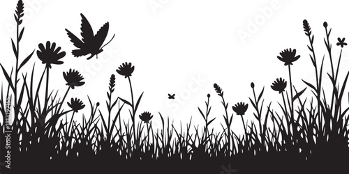 Black silhouette of grass flowers and butterflies on white