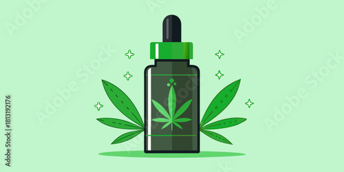 Luxury CBD skincare dropper bottle with gold accents, surrounded by green leaves and sparkling elements, showcasing a modern and elegant design for beauty enthusiasts
