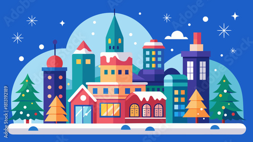 Modern flat design winter cityscape with Christmas elements, featuring colorful buildings, snow-covered rooftops, and festive trees creating a cheerful holiday atmosphere