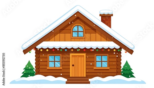Winter scene illustration of a cozy cabin covered in snow with festive lights displayed