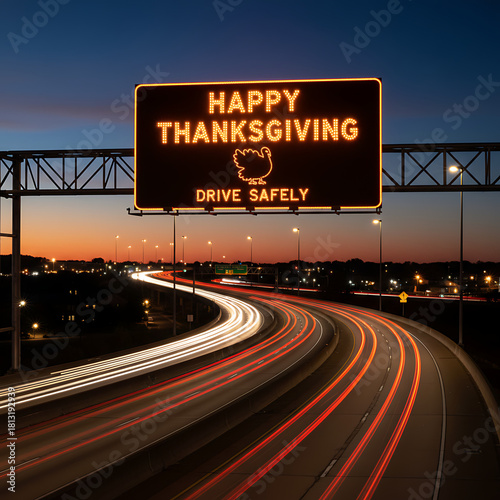 Image of a highway with light streaks from cars at dusk.The sign reads quot;Happy Thanksgiving", representing holiday travel and celebration, Dusk Highway Travel / Holiday Road Trip