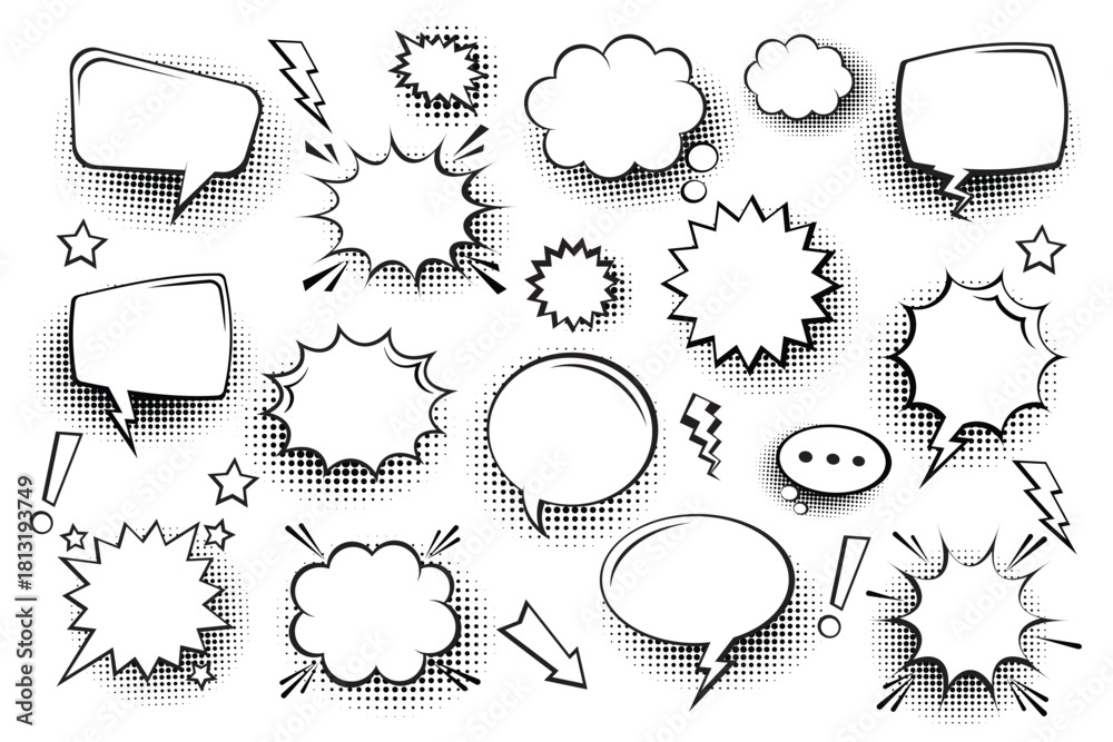Fototapeta premium Pop art vector assets: speech bubbles in various forms (round, square, jagged) with halftone dot textures, ready for comic strip or poster design