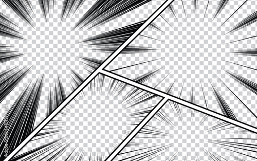 Monochromatic explosion and acceleration effects, with nine unique designs featuring bold black lines on a white background, useful for conveying energy or action