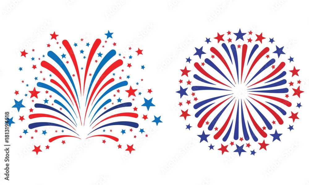 Fototapeta premium Patriotic Fireworks and Celebration Burst Vector Graphics Set: Red, White, and Blue Star Explosions and Colorful Sunburst Icons