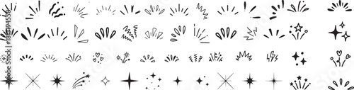 Doodle line sparkle vector set, hand drawn shining stars, comic burst elements, and decorative glowing sparkling star highlight. Cartoon explosion, dynamic light flash, twinkle star, firework effect.
