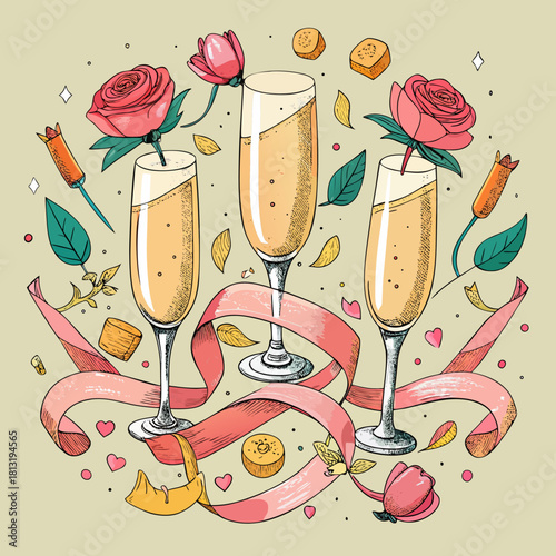 Illustration of three champagne flutes surrounded by roses, ribbon, and small decorative elements