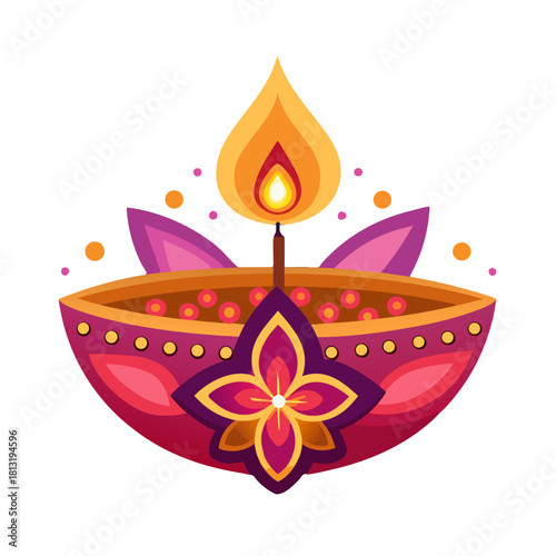 Illustration of a brightly colored diya lamp with a flame, decorative flower and floating elements design