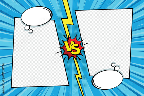 Vector design in a comic book aesthetic, showcasing two empty text frames for battling contestants, with a bold "VS" in the middle, surrounded by dynamic blue speed lines.
