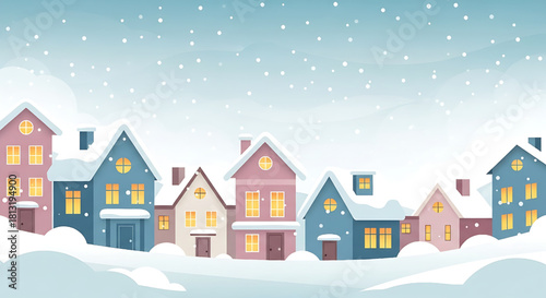 Winter Village Landscape with Snow Covered Houses and Falling Snow