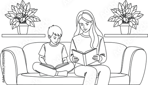 Minimalist continuous line art drawing of a mother and child sitting together on a comfortable sofa, lovingly reading an illustrated storybook, emphasizing family education and cozy bonding time