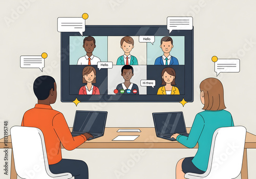 A flat-style illustration depicting a virtual meeting scene. Two people, a Black man in an orange shirt and a woman in a teal jacket, sit at a modern light wood table with laptops. A video call with s