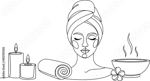 Minimalist one-line drawing of a woman in a towel receiving a spa treatment, surrounded by lit candles, a rolled towel, and an aromatherapy bowl, symbolizing relaxation and self-care