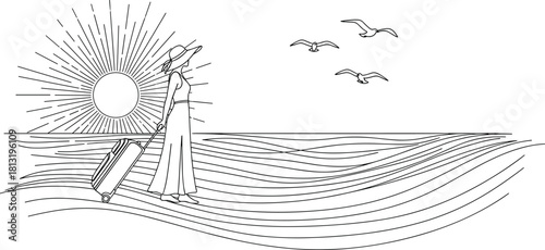 Continuous one-line drawing of a stylish woman traveler with a suitcase standing by the ocean, looking at a radiant sun and flying seagulls, symbolizing travel, vacation, and adventure