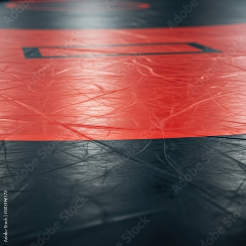 Close up of competition wrestling mat highlighting texture and bold color contrasts  for athletic