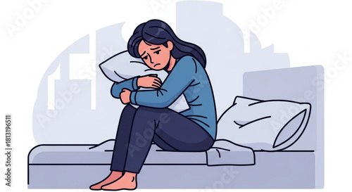 Sad Woman Sitting on Bed – Mental Health Illustration