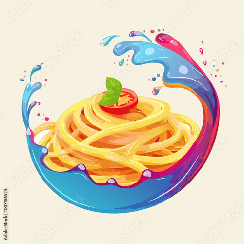 Delicious Golden Spaghetti Dish Garnished With Fresh Basil And Red Tomato Slice Surrounded By Colorful Splash Of Water And Vibrant Swirls Against A Light Beige Background Artistic Food Illustration
