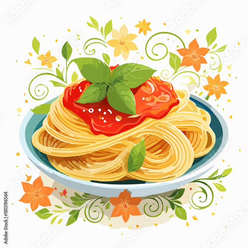 Delicious Plate of Spaghetti with Marinara Sauce and Fresh Basil Garnished with Orange Flowers and Green Leaves on a White Background Ideal for Food and Culinary Themes