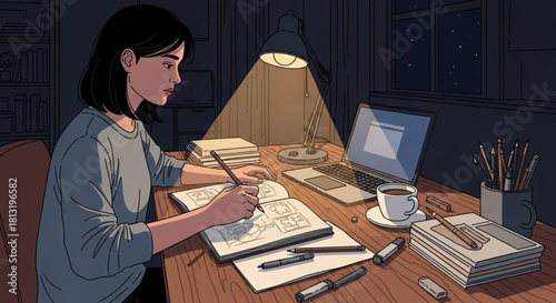 Creative Woman Drawing at Night – Artist Workspace Illustration