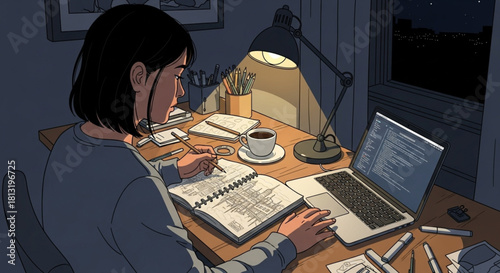 Nighttime Creativity – Woman Sketching in Cozy Workspace